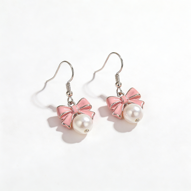 Pink Bow & Pearl Drop Earrings