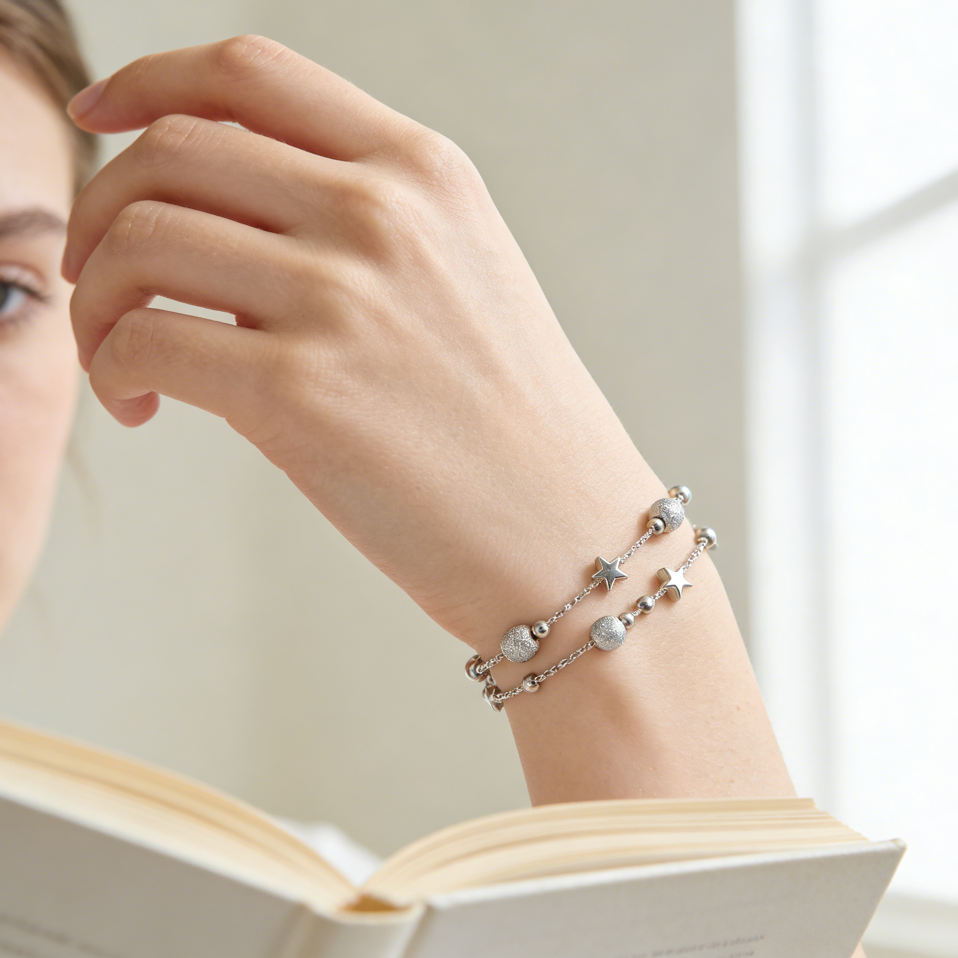 Double Layer Silver Star & Bead Bracelet